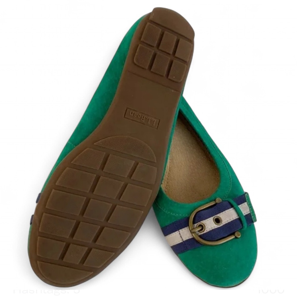 L.L. Bean Women's  Flats with Striped Buckle. Green Suede Flats. Size 9 1/2 - Picture 2 of 4